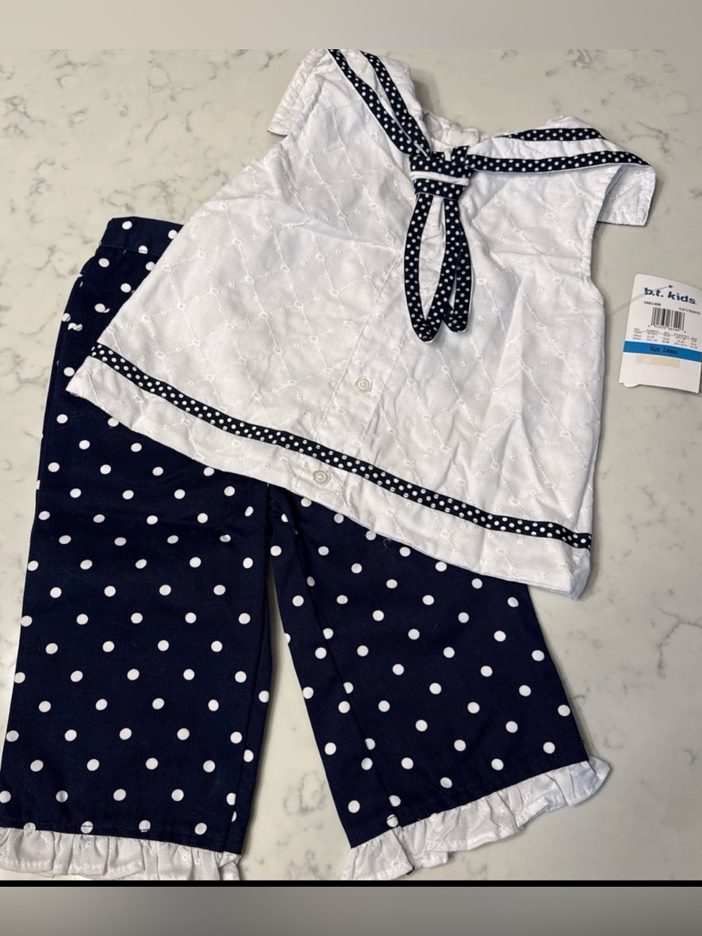 VTG 90s BT Kids Sailor Eyelet Top Pants Set NWT Navy Blue Polka Dot Girl 24M